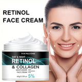 Retinol face cream jar with a woman applying it to her face