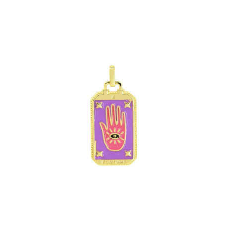Gold pendant with a purple background and palm design on a white background