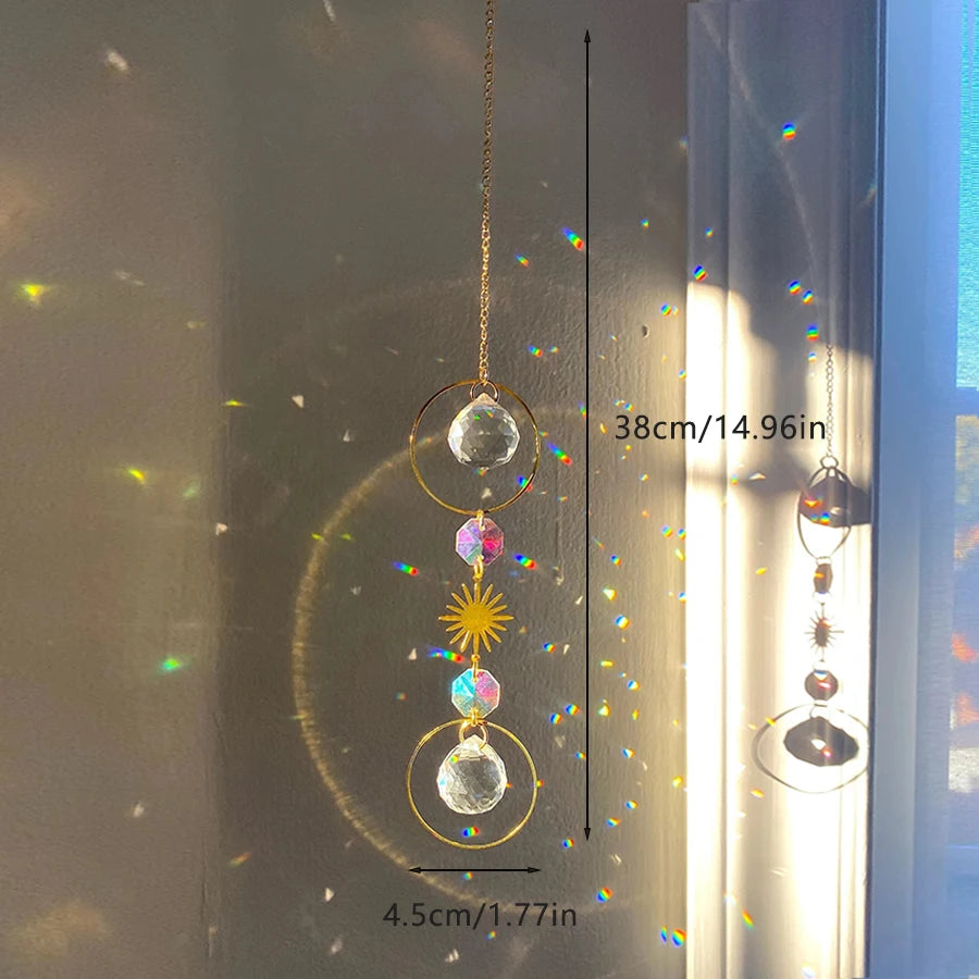 Decorative hanging crystal with measurements in front of a window