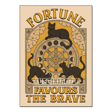 Decorative poster with cats and a wheel of fortune design, featuring the text 'Fortune Favours the Brave' on a beige background.