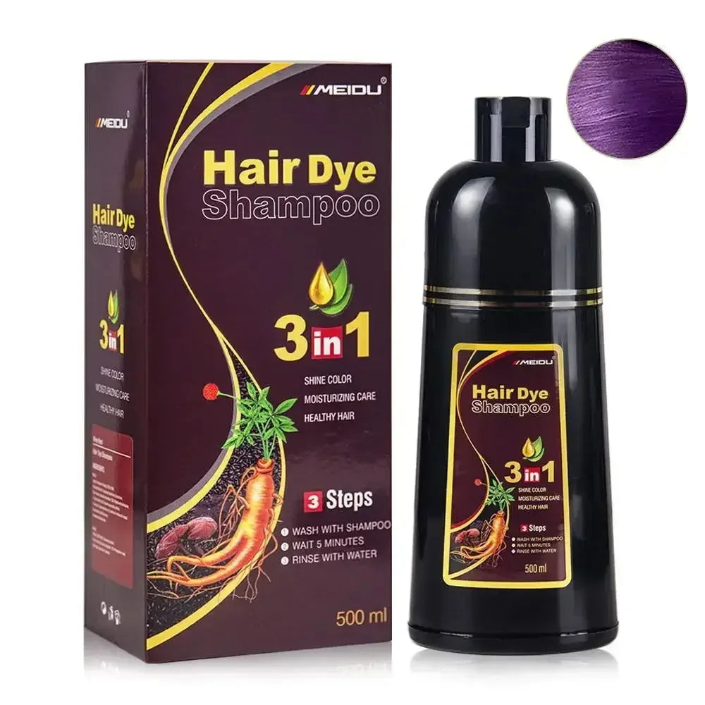 Hair dye shampoo packaging and bottle on a white background
