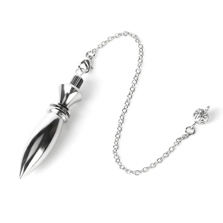 Silver dagger-shaped pendant with chain on a white background