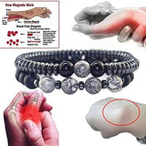 Magnetic therapy bracelet with hands and blood flow diagram on a white background
