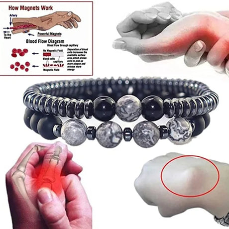 Magnetic therapy bracelet with hands and blood flow diagram on a white background