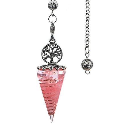 Pink crystal pendulum with silver tree of life charm on a white background