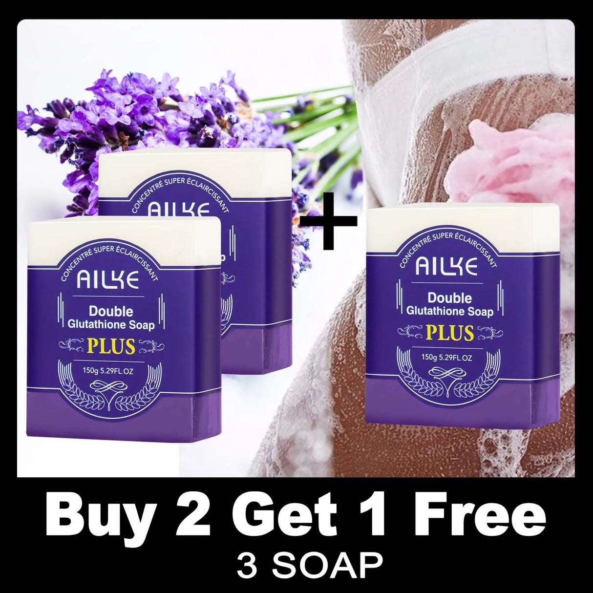 Two AILYE Double Glutathione Soap Plus packages with a promotional offer on a white background.