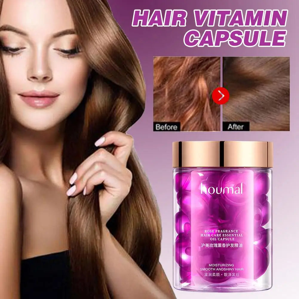 Hair vitamin capsule product with before and after hair comparison and a model with long hair.