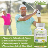 Man playing golf with a bottle of Pstalae L-Theanine supplement in the foreground.