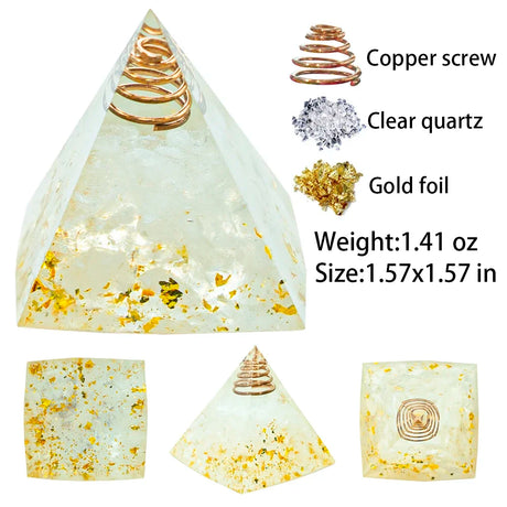 Crystal pyramid with copper screw, clear quartz, and gold foil, labeled with their names and specifications.