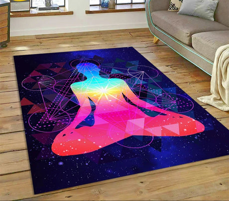 Colorful abstract rug with a geometric design on a wooden floor.