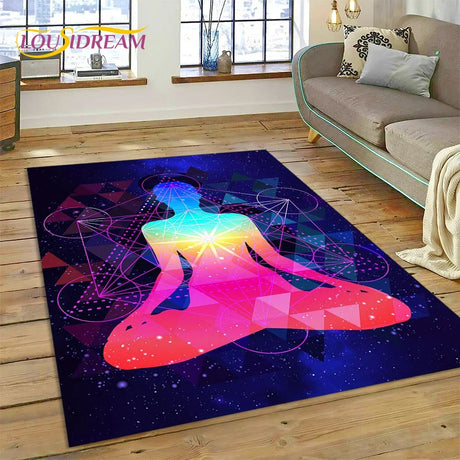 Colorful abstract rug with a geometric design on a wooden floor.