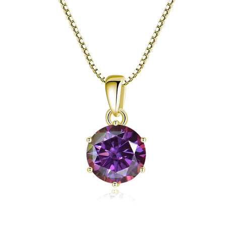 Gold necklace with a purple gemstone pendant on a white background