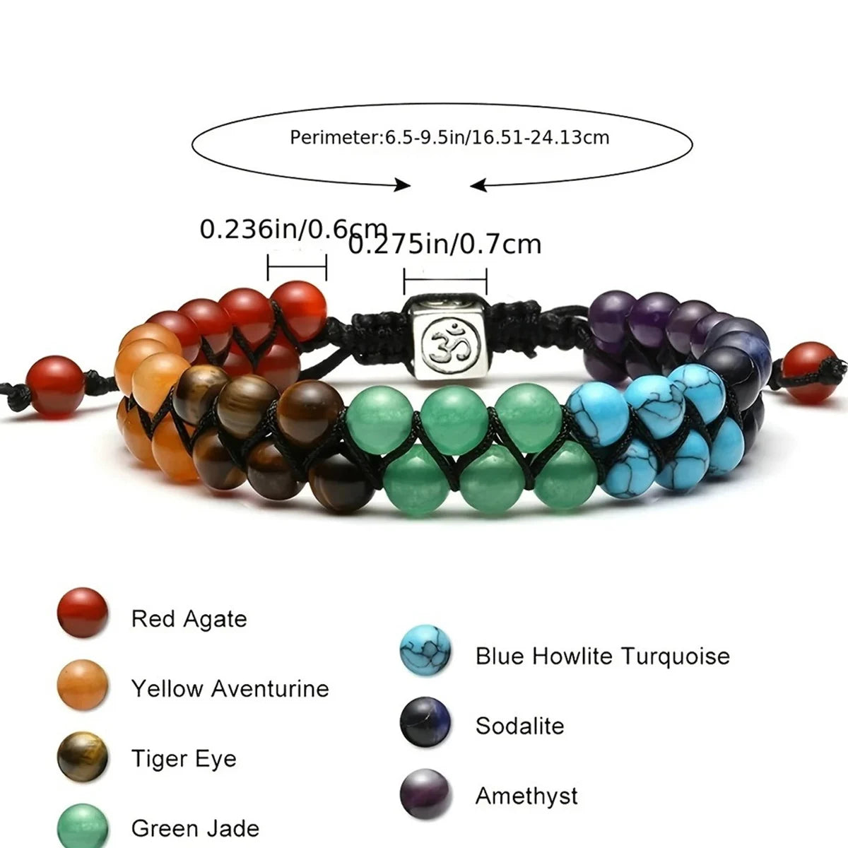 Multicolored beaded bracelet with measurements and stone identification on a white background