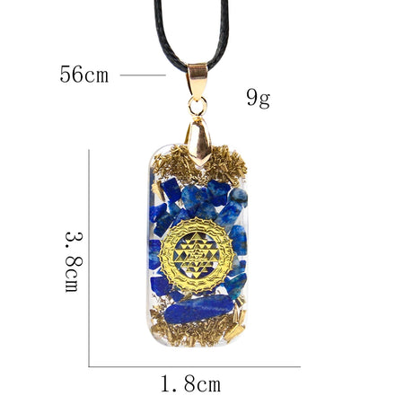 Necklace with a pendant featuring blue stones and gold accents, shown with measurements on a white background.