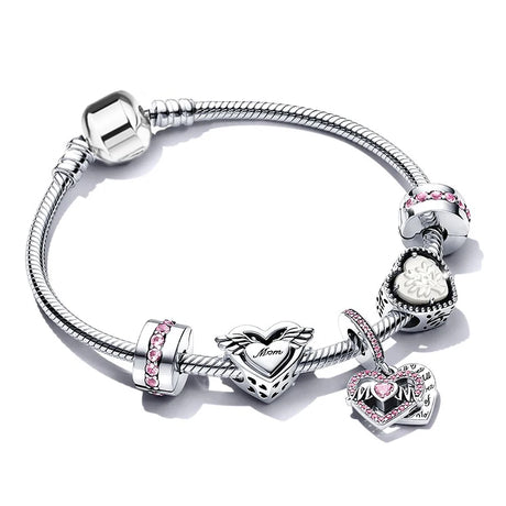 Silver bracelet with heart-shaped charms on a white background