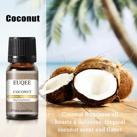 EUQEE coconut fragrance oil bottle with coconuts on a wooden surface