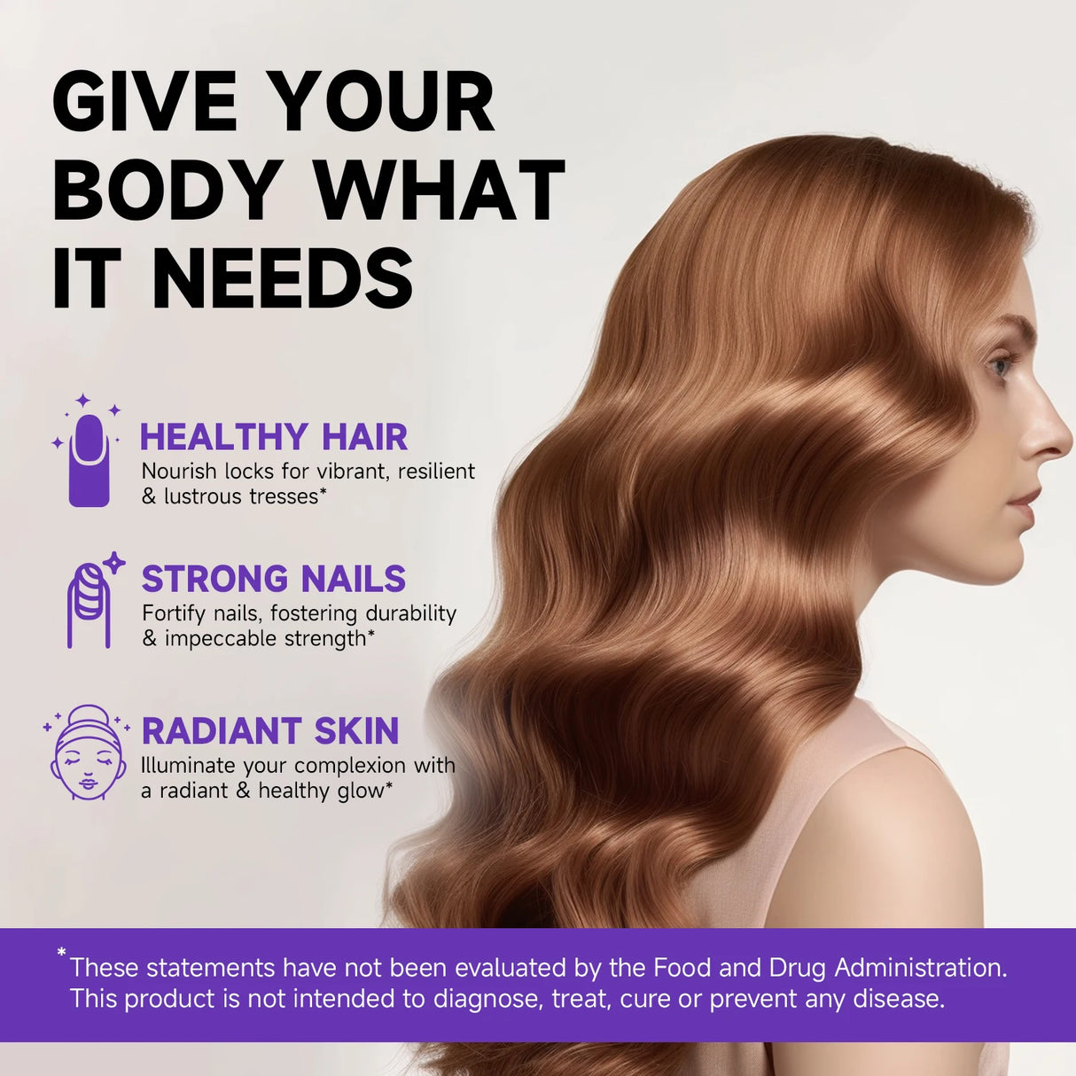 Woman with long, healthy hair with text about hair, nails, and skin care on a light gray background.