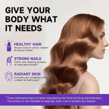 Woman with long, healthy hair with text about hair, nails, and skin care on a light gray background.