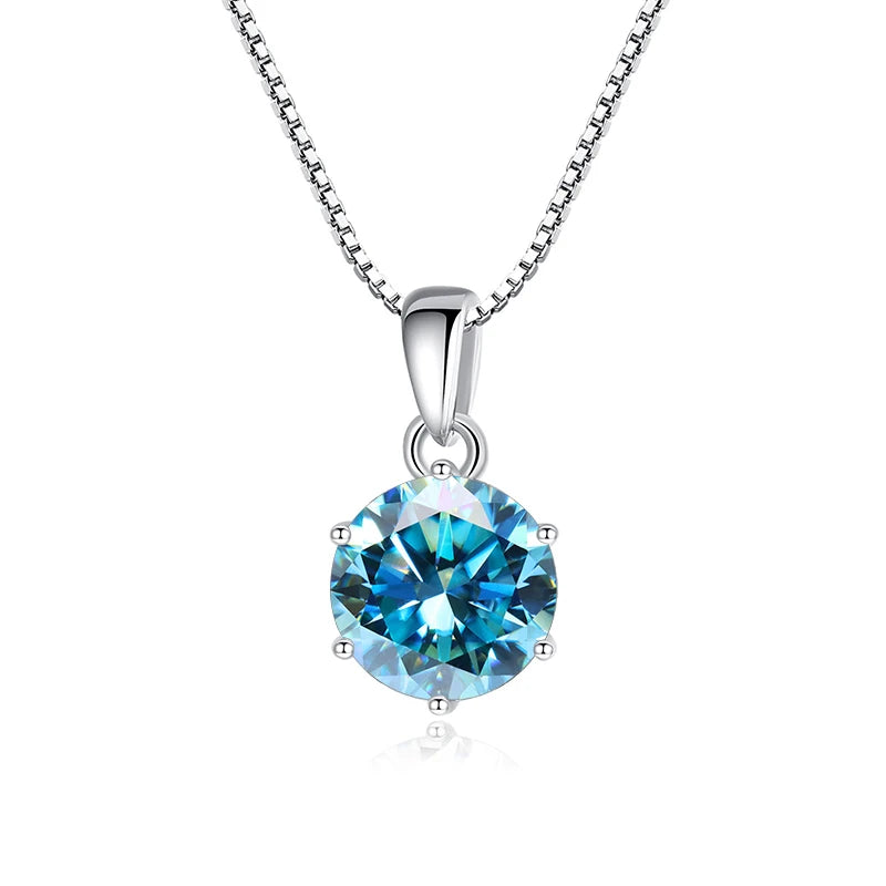 Silver necklace with a blue gemstone pendant on a white background