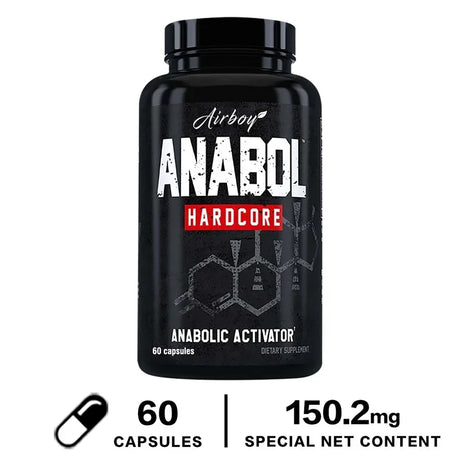 Black supplement bottle labeled 'Anabol Hardcore' with white and red text on a white background