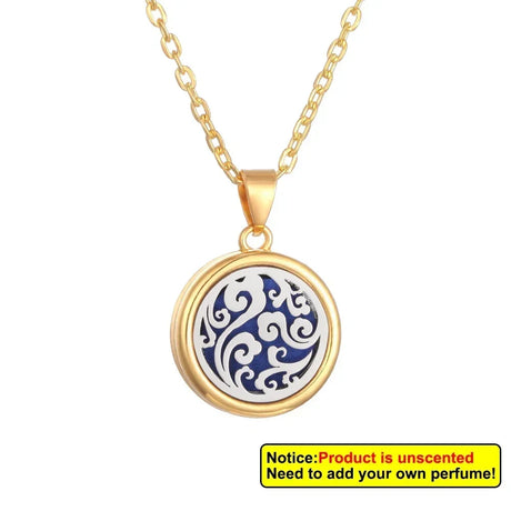 Gold necklace with a blue and white circular pendant on a white background