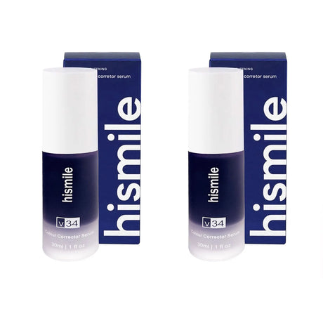 Two bottles of hismile serum with blue and white packaging on a white background