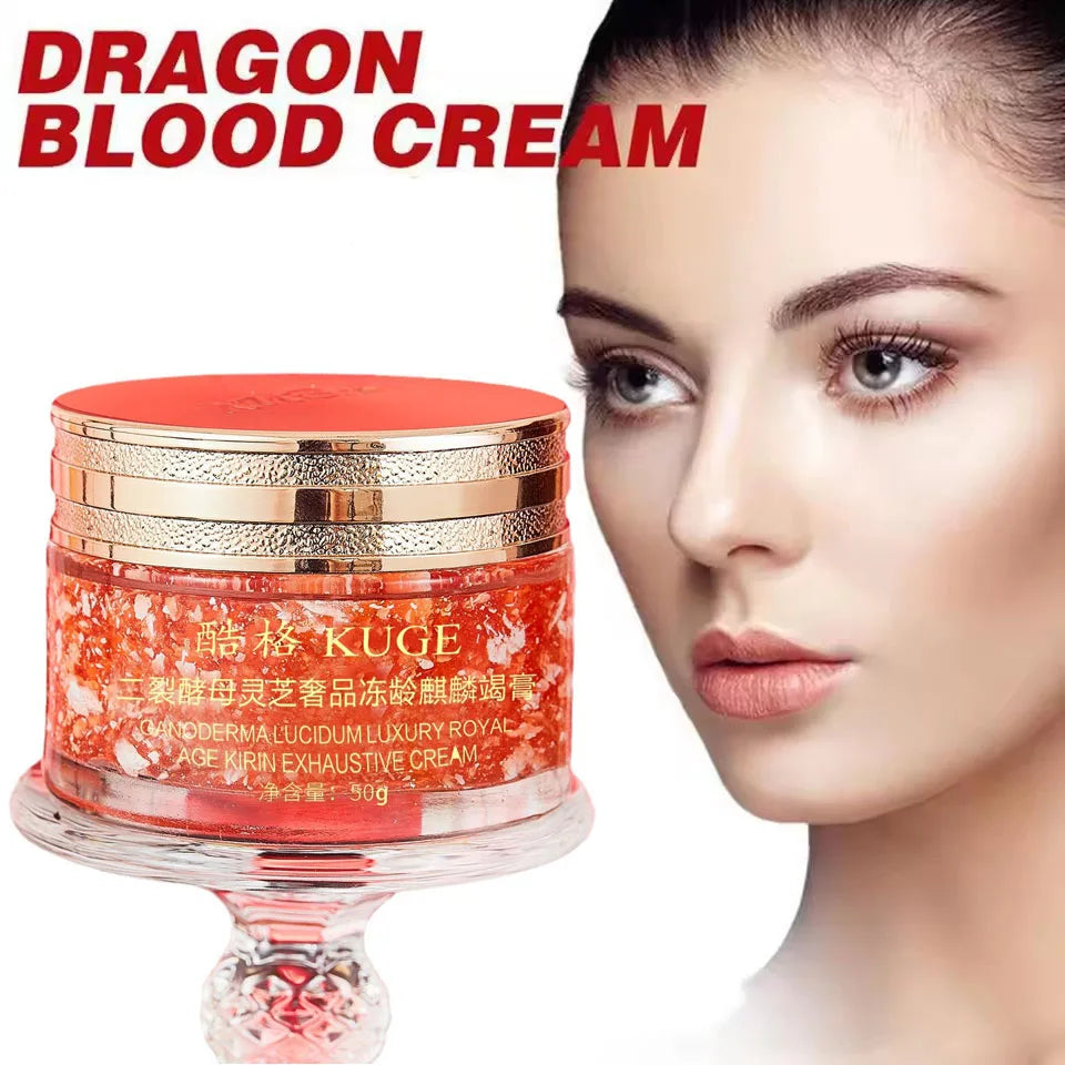 Red jar of 'Dragon Blood Cream' with a woman's face on a white background