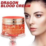 Red jar of 'Dragon Blood Cream' with a woman's face on a white background