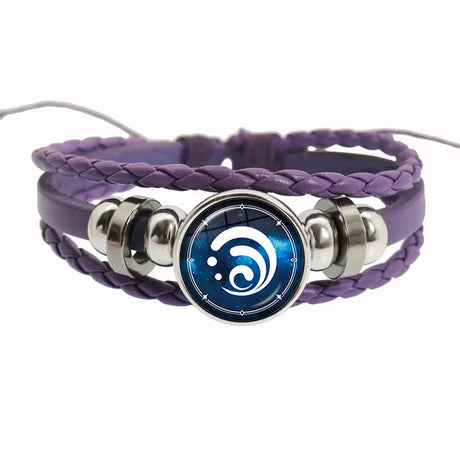 Purple braided bracelet with a blue and white circular emblem on a white background