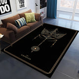 Black rug with white design in a living room setting