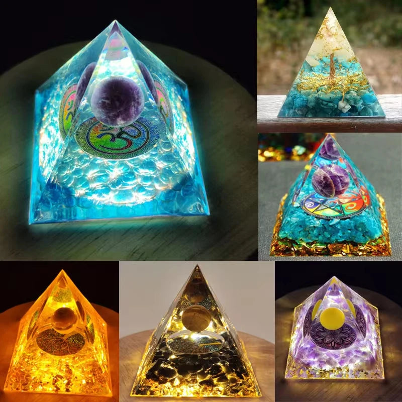 Collage of pyramid-shaped crystal objects with glowing effects on a dark background