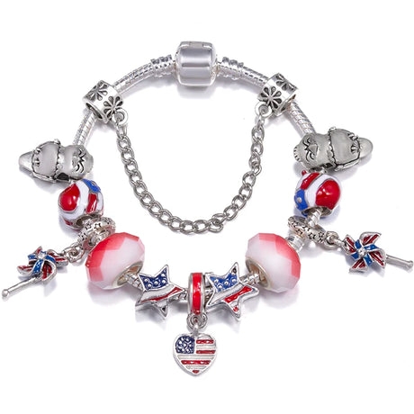 Bracelet with various charms including stars and hearts on a white background