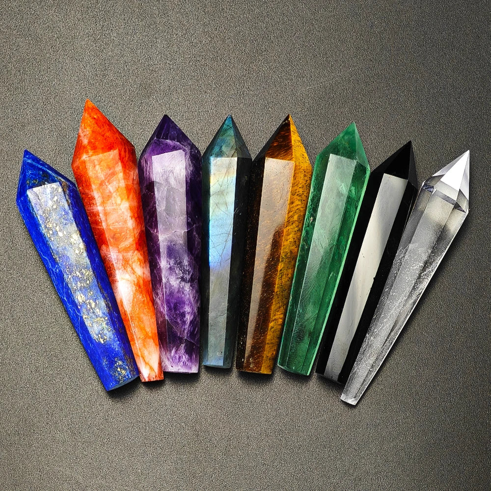 Set of colorful crystal points on a gray background