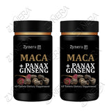 Two bottles of Zynera Maca + Panax Ginseng dietary supplements on a white background.