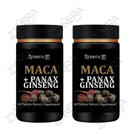 Two bottles of Zynera Maca + Panax Ginseng dietary supplements on a white background.