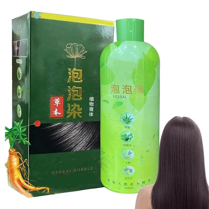 Herbal bubble shampoo bottle and packaging with a person with long hair on a white background