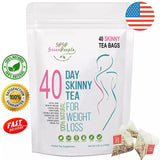 40 Day Skinny Tea package with branding and product details on a white background