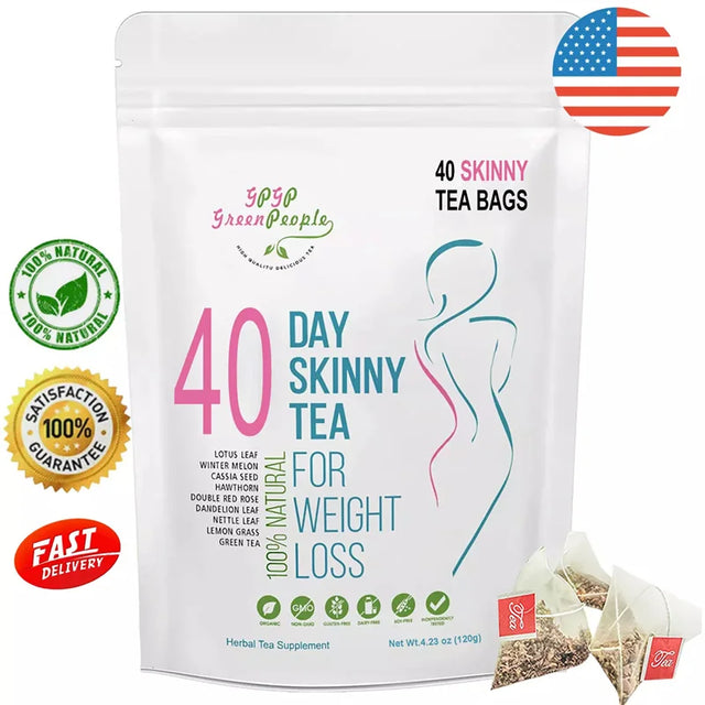 40 Day Skinny Tea package with branding and product details on a white background