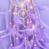 Dreamcatcher with feathers and lights on a purple background