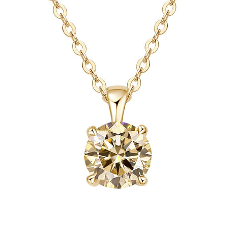 Gold necklace with a round diamond pendant on a white background