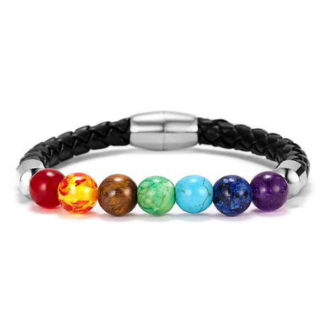 Chakra beaded bracelet with colorful beads on a braided black leather strap.