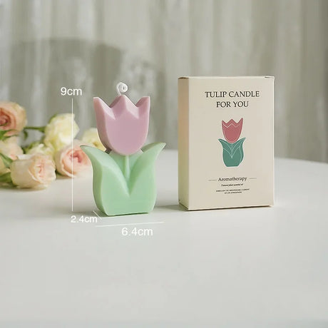 Tulip-shaped candle with dimensions and packaging on a neutral background