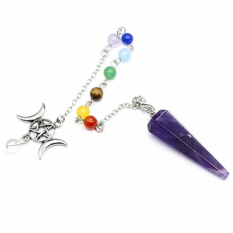 Crystal pendulum with colorful beads and silver crescent moon and star design on a white background