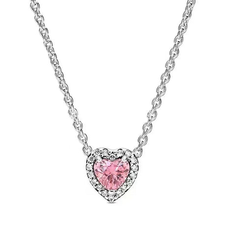 Necklace with a pink heart-shaped gemstone on a white background