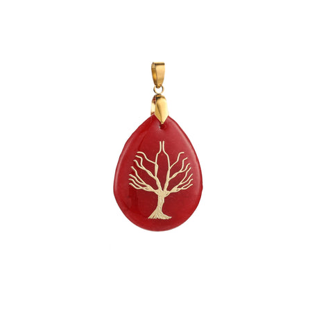 Red teardrop-shaped pendant with gold tree design on a white background
