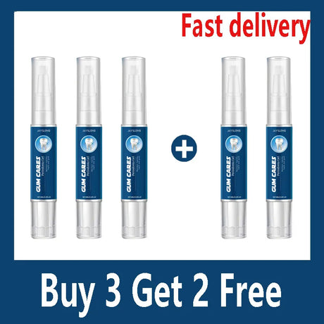 Six dental care product tubes with a plus sign and promotional text on a white background