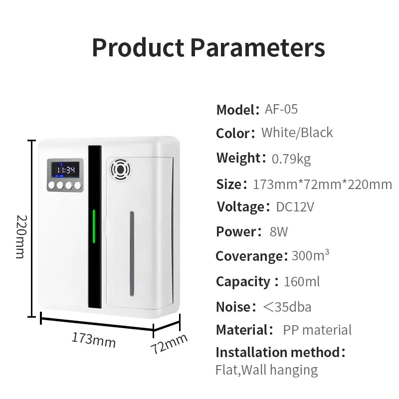Product parameters of a white and black air purifier with dimensions and specifications listed.
