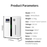 Product parameters of a white and black air purifier with dimensions and specifications listed.