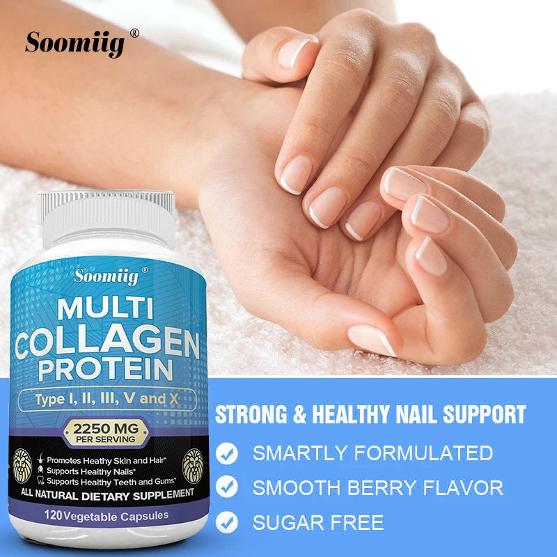 Soomiig Multi Collagen Protein supplement bottle with a hand holding it, on a light background.