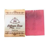 Pink collagen soap with packaging on a white background